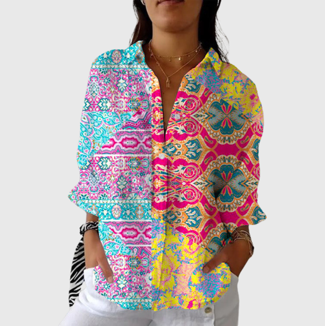 Blusa leggera stampata a colori vivaci, scollo a V, maniche lunghe