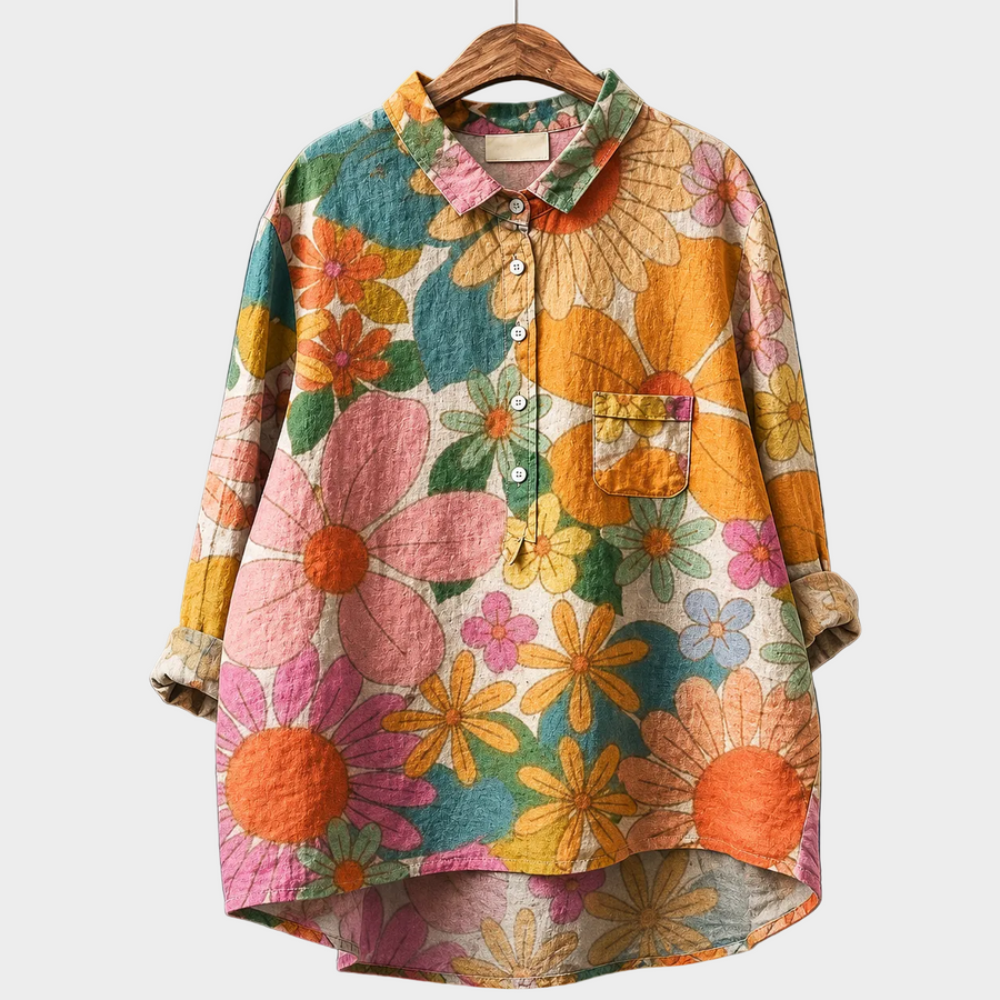 Blusa estiva multicolore con stampa floreale, colletto e bottoni, maniche lunghe