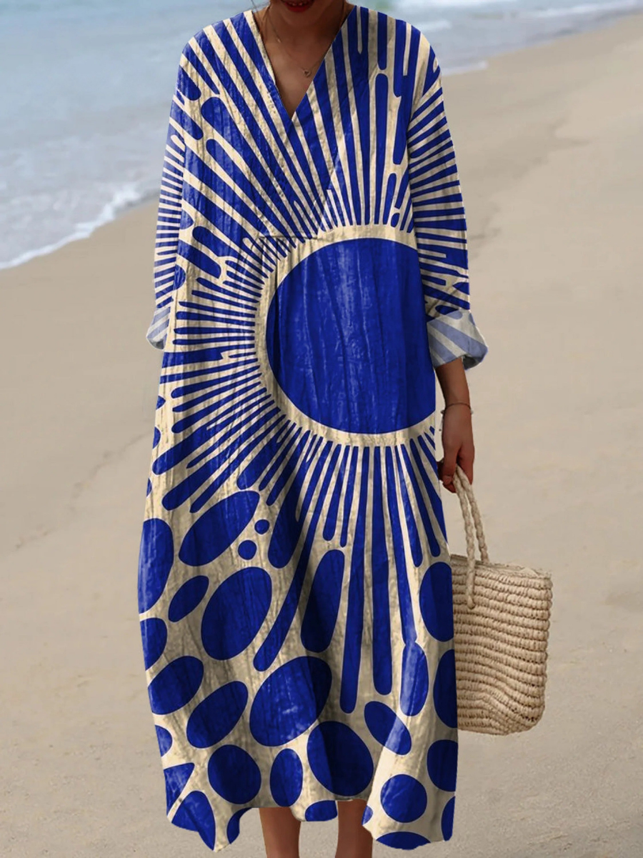 Boho maxi dress with blue and white spiral pattern, V-neck and tiered sleeves
