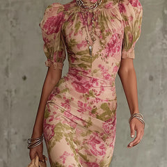Pink rose floral print maxi dress with gathered puff shoulders and smocked neckline