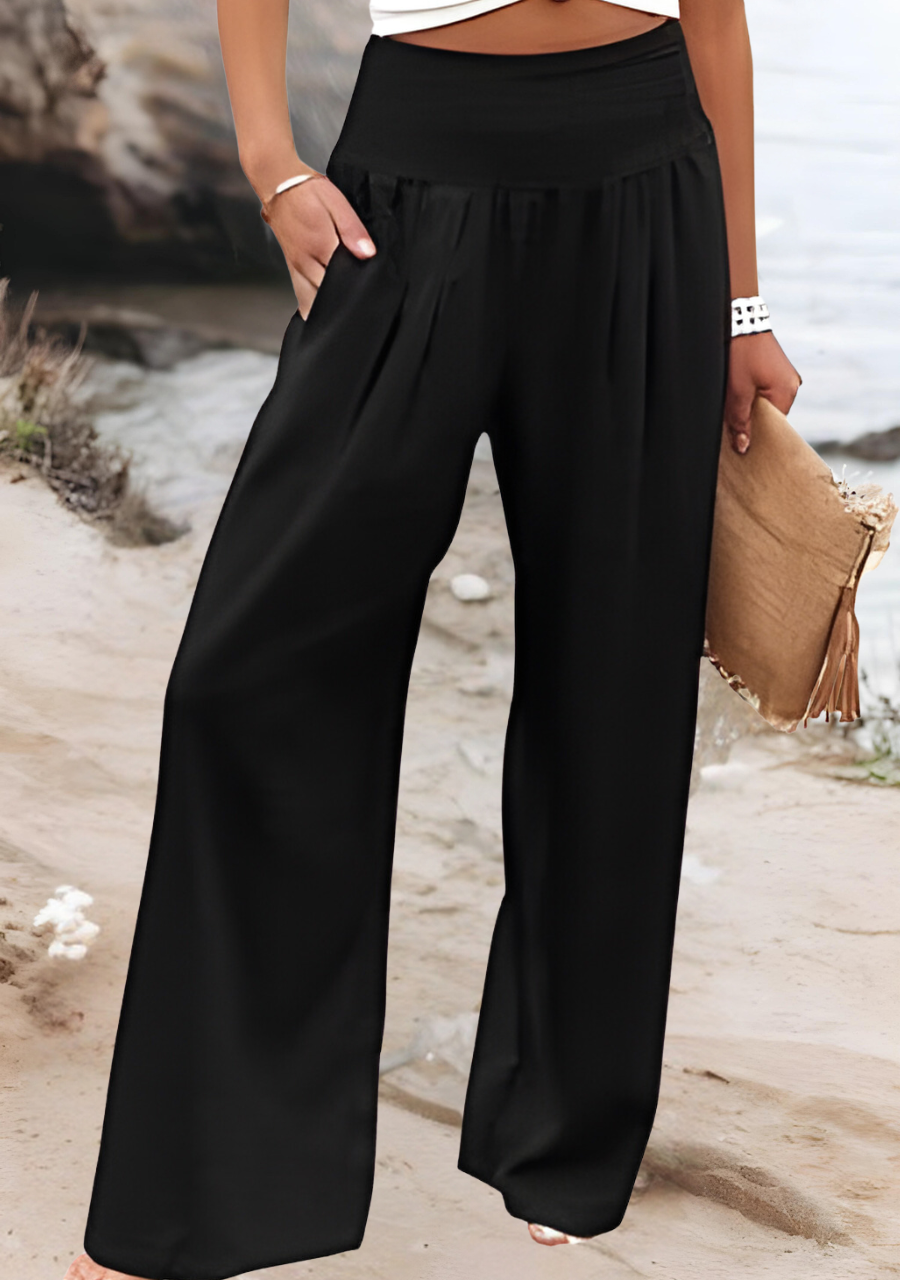 Black wide-leg trousers with shirred waistband and pleated front