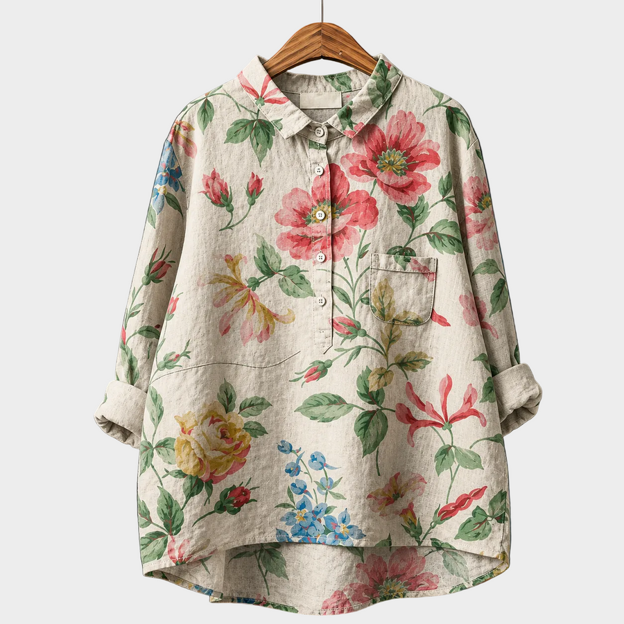 Blusa estiva beige in lino con stampa floreale, bottoni frontali e colletto