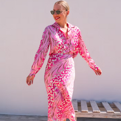 Pink and cream patterned long-sleeve midi dress with V-neck and tie waist