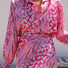 Pink and cream patterned button-front midi dress with drawstring waist