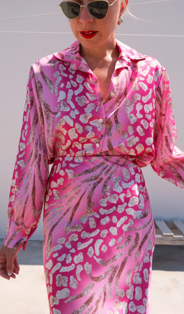 Pink and cream patterned button-front midi dress with drawstring waist