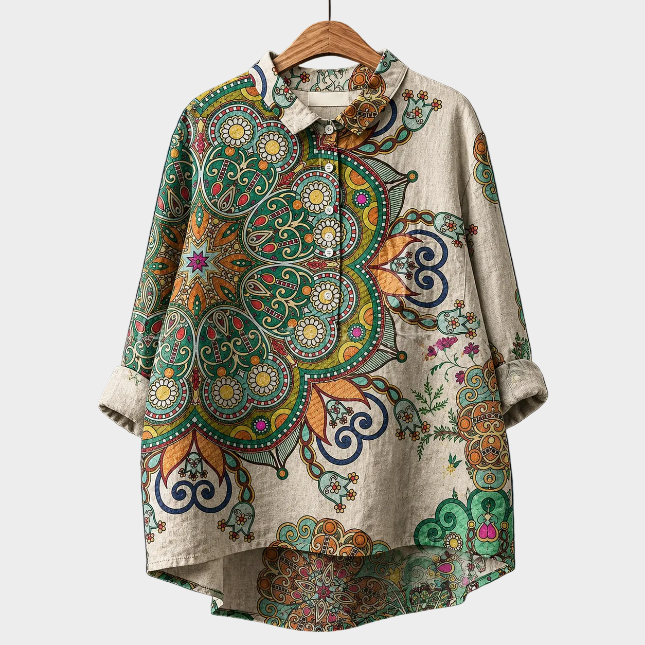Blusa estiva beige con stampa cachemire multicolore, bottoni e colletto