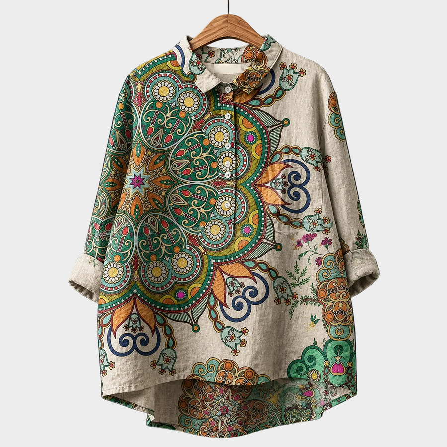 Blusa estiva beige con stampa cachemire multicolore, bottoni e colletto