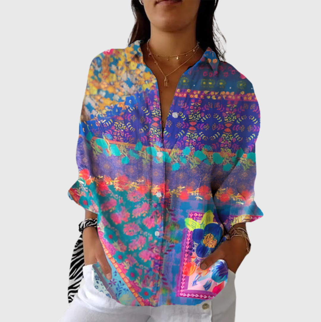 Blusa leggera multicolore con stampa floreale e scollo con bottoni, maniche lunghe