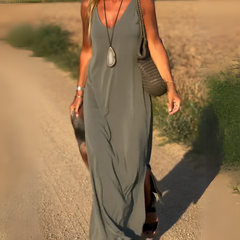Abito maxi boho senza maniche blu scuro con scollo a V e spalline sottili