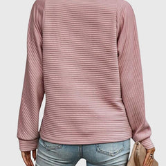 Women’s pink ribbed knit quarter-zip jumper, back view with long sleeves.