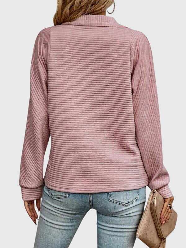 Women’s pink ribbed knit quarter-zip jumper, back view with long sleeves.