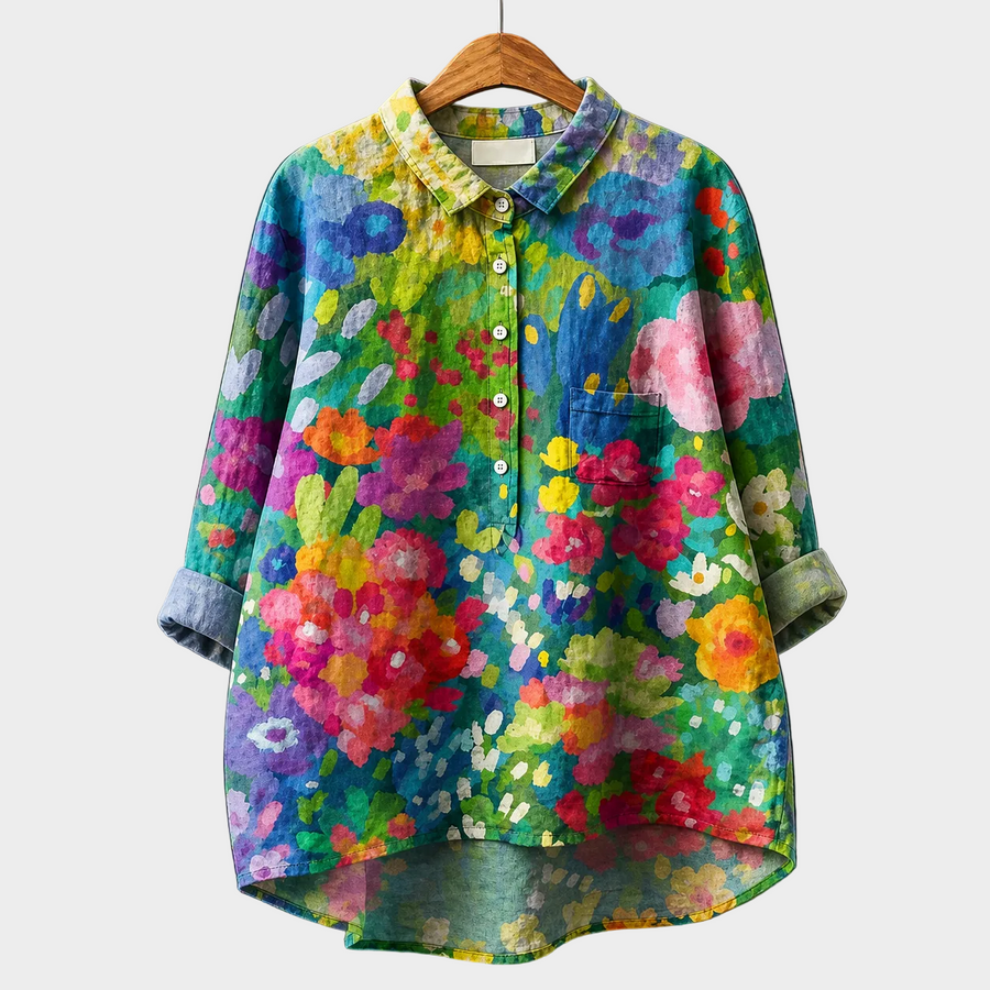 Blusa estiva multicolore a fiori con bottoni e maniche a tre quarti