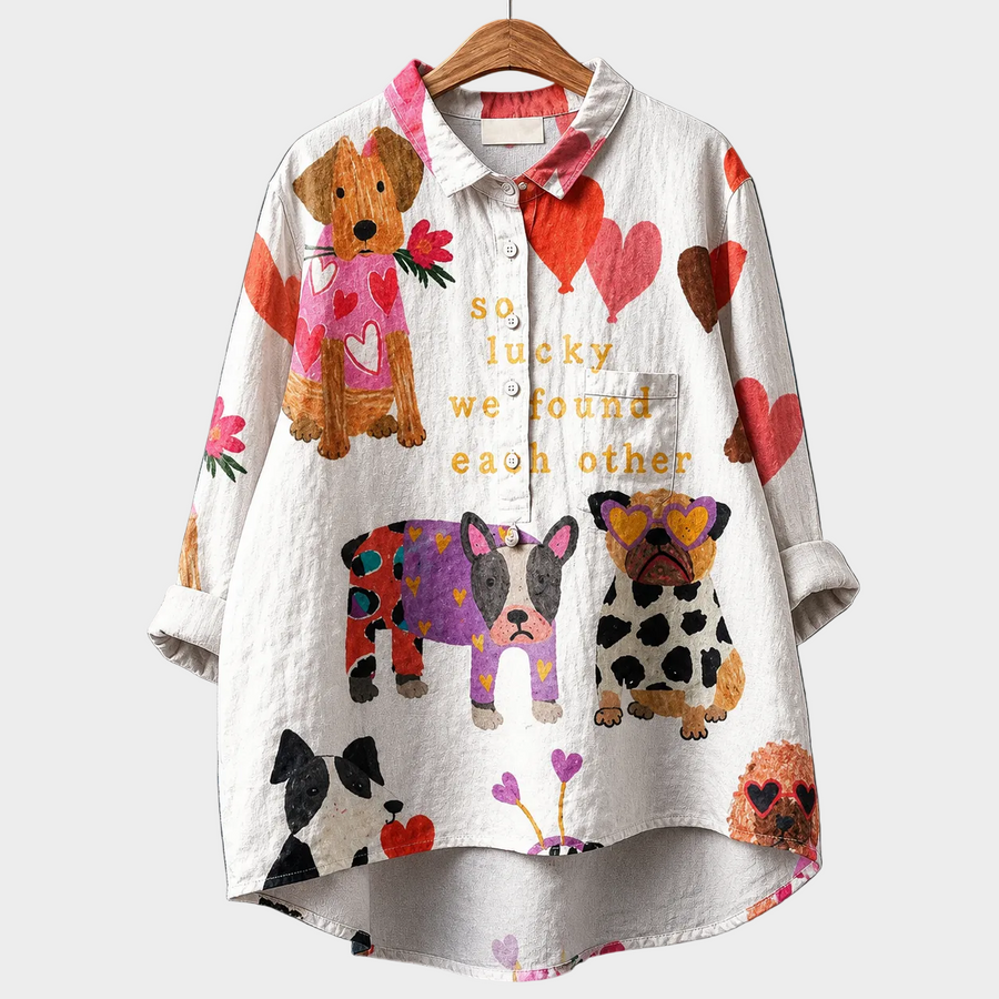 Blusa estiva bianca con maniche lunghe e stampa animali colorata, scollo bottoni