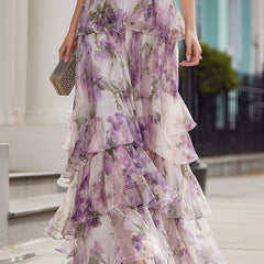 Lavender floral tiered maxi skirt with layered ruffle tiers