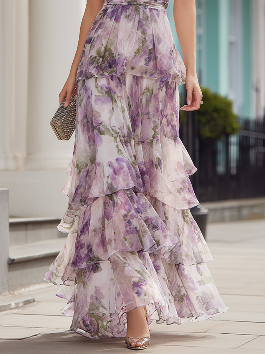 Lavender floral tiered maxi skirt with layered ruffle tiers