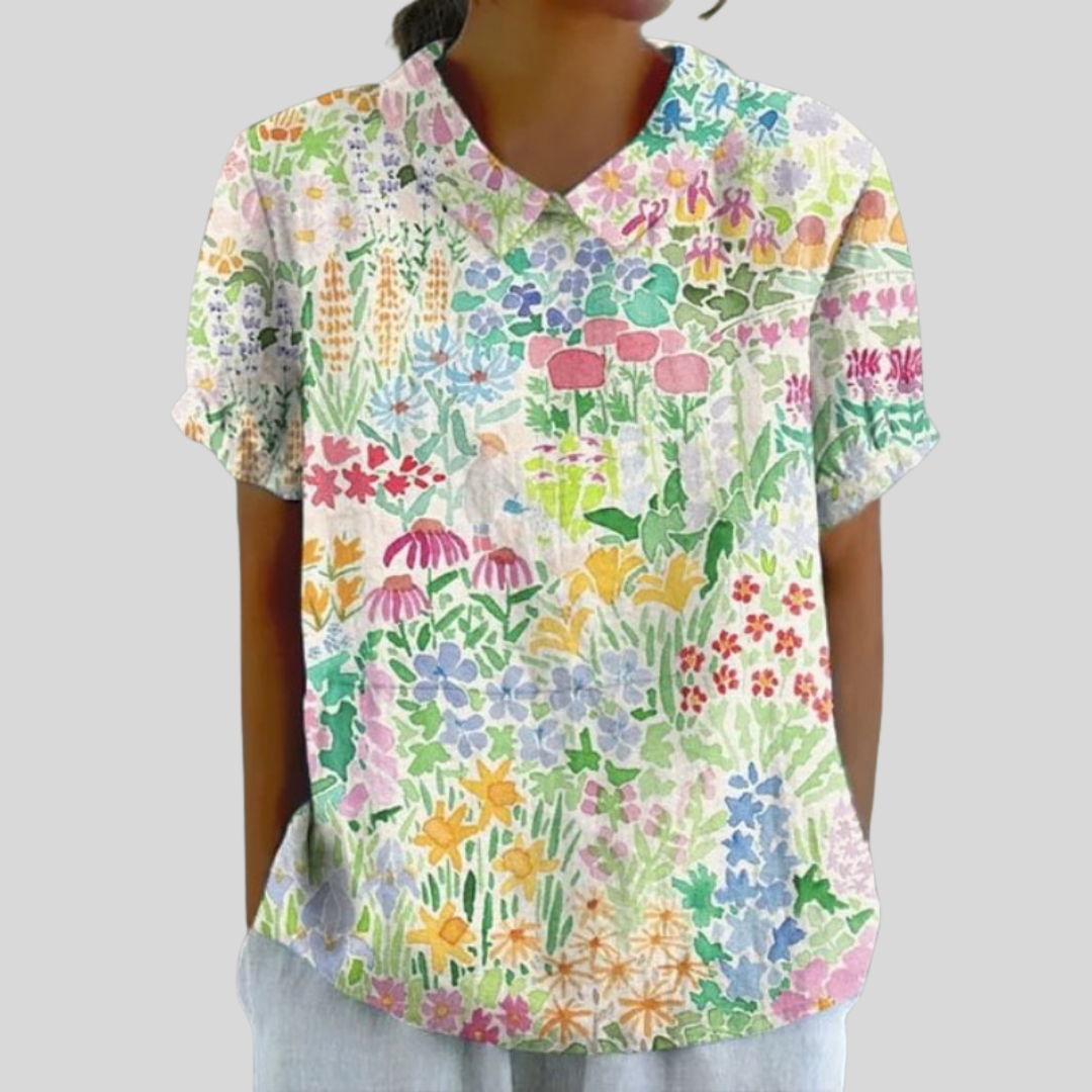 Blusa top floreale colorato con scollo a V e maniche corte, tessuto leggero