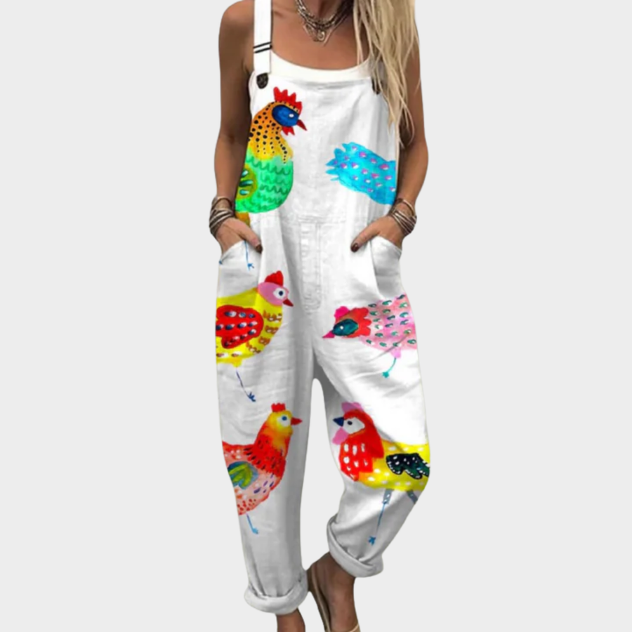 Multicolored printed overalls with cute chicken rooster graphic on white