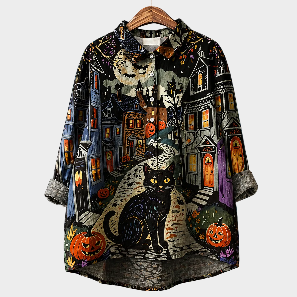Blusa estiva nera a maniche lunghe con colletto e bottoni, stampa gatto Halloween
