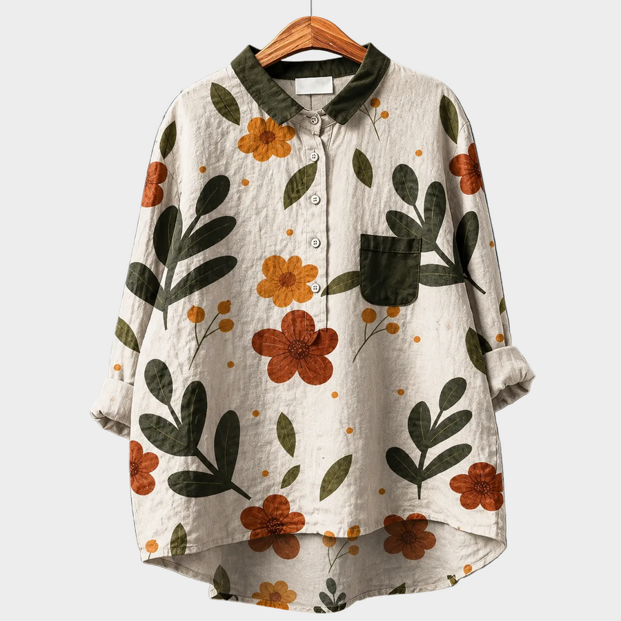 Blusa estiva in tessuto chiaro con stampa fiori arancioni, tasca e bottoni