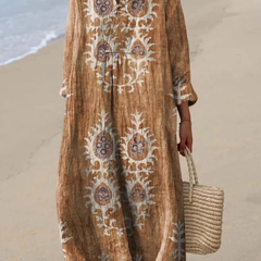 Beige-brown boho maxi dress with cream folk embroidery, V-neck, long sleeves, loose fit.