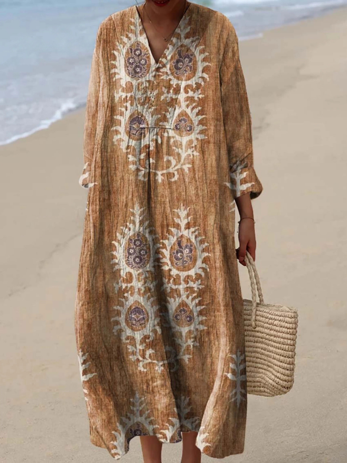 Beige-brown boho maxi dress with cream folk embroidery, V-neck, long sleeves, loose fit.