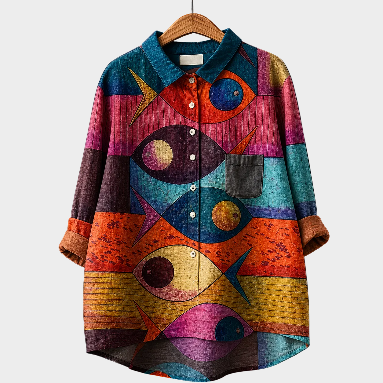 Blusa estiva con colletto e bottoni frontali, fantasia astratta multicolore