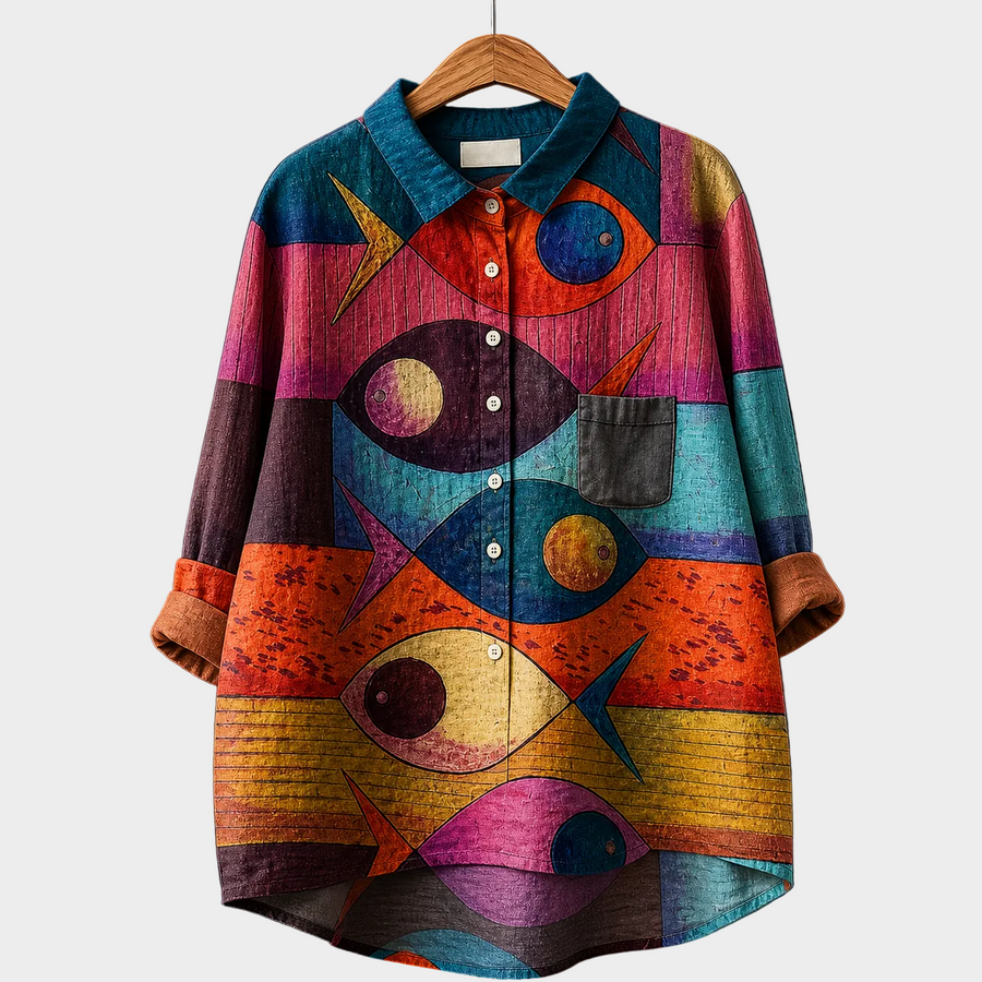 Blusa estiva elegante multicolore con stampa astratta, maniche lunghe e bottoni.