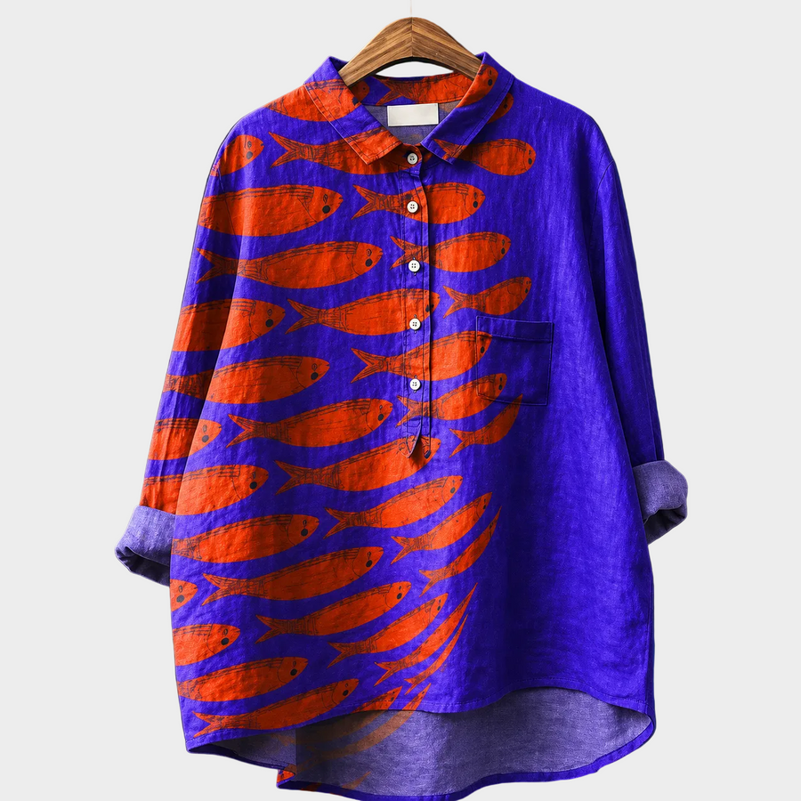 Blusa estiva elegante viola con stampa arancione, colletto e bottoni davanti