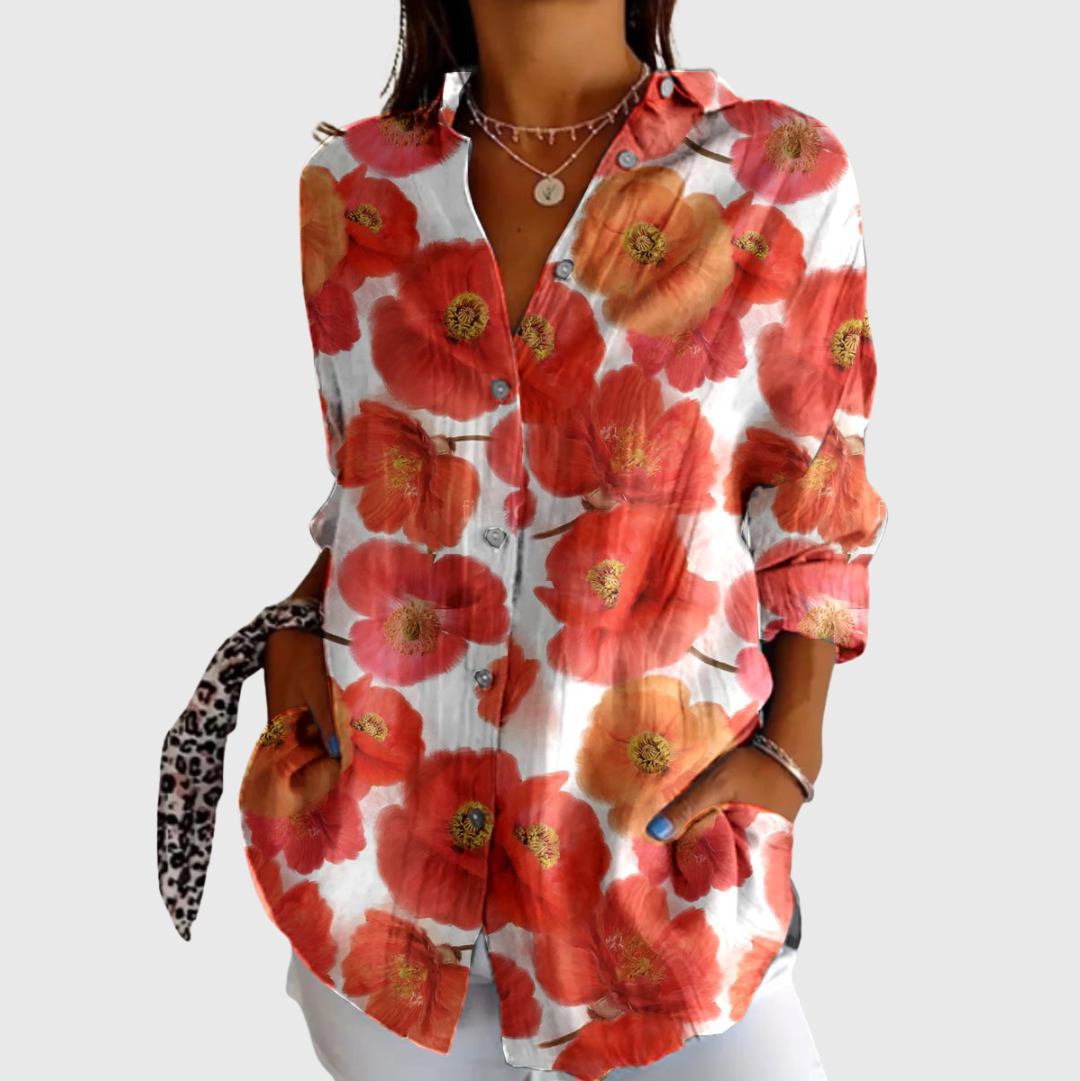 Camicia leggera con stampa floreale multicolore, colletto e bottoni, maniche lunghe