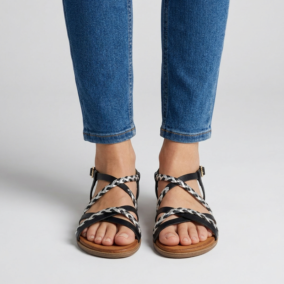 Sandali flat donna neri con cinturini intrecciati e suola marrone