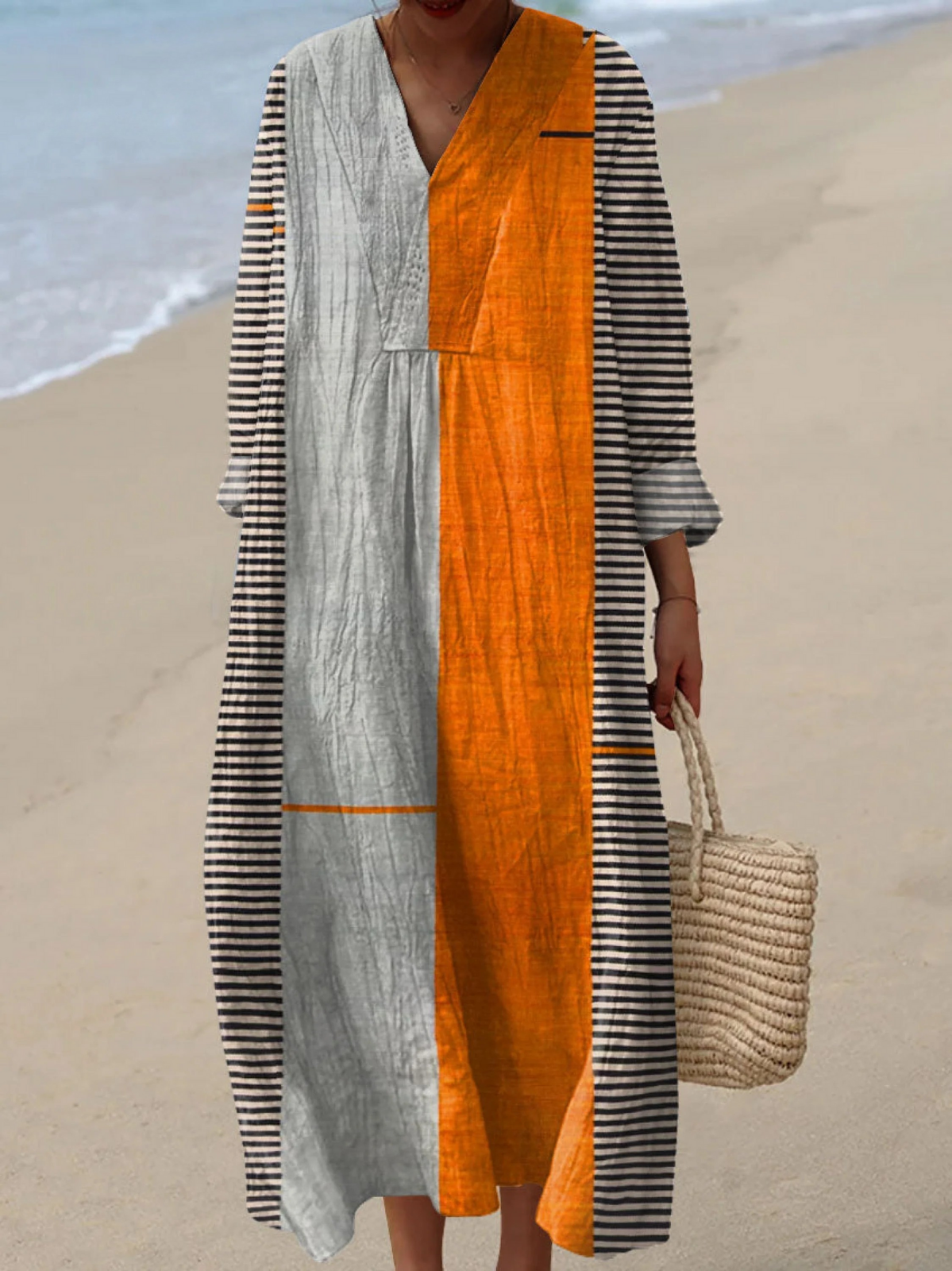 Two-tone boho maxi dress with V-neck, orange center panel and light gray side panels