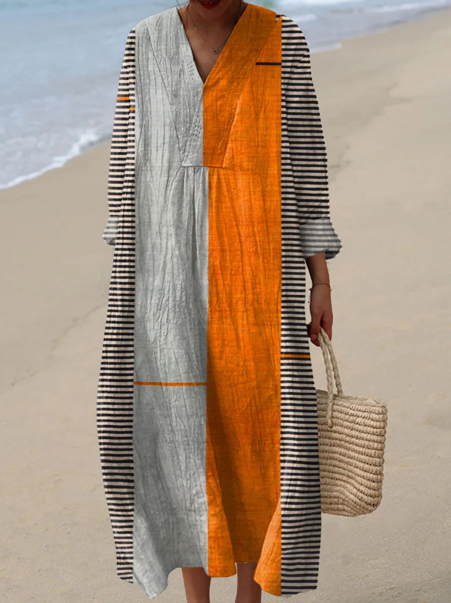Two-tone boho maxi dress with V-neck, orange center panel and light gray side panels