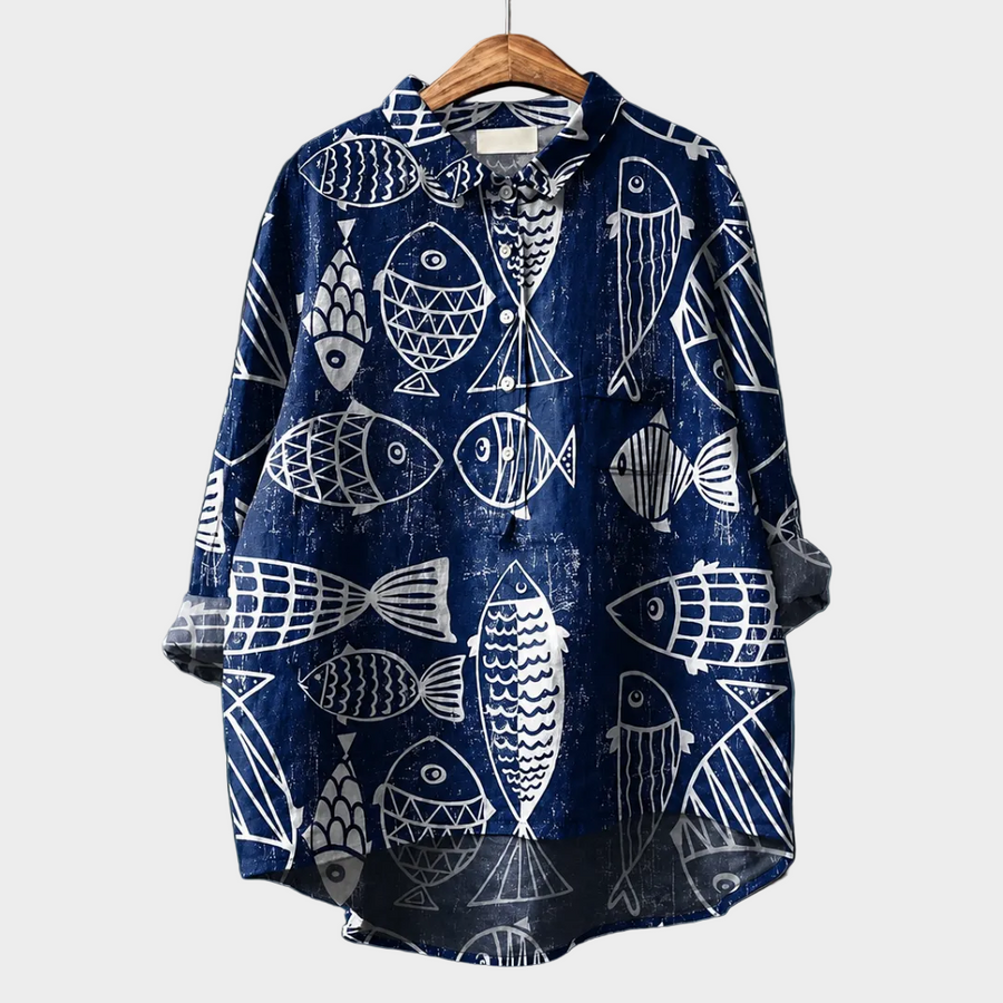 Blusa estiva blu scuro con colletto e stampa pesci bianchi