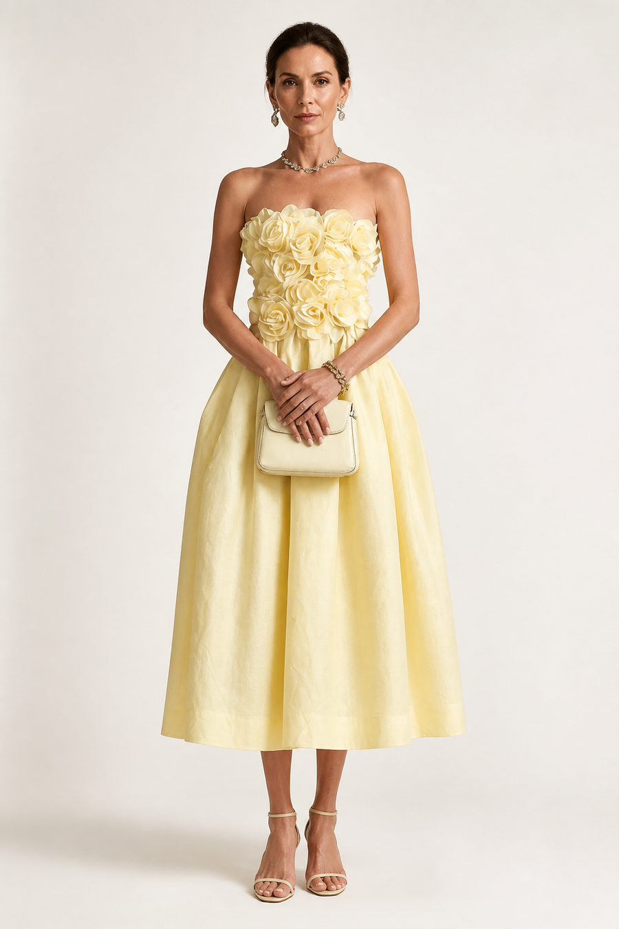 3D Rosette Strapless Midi Dress