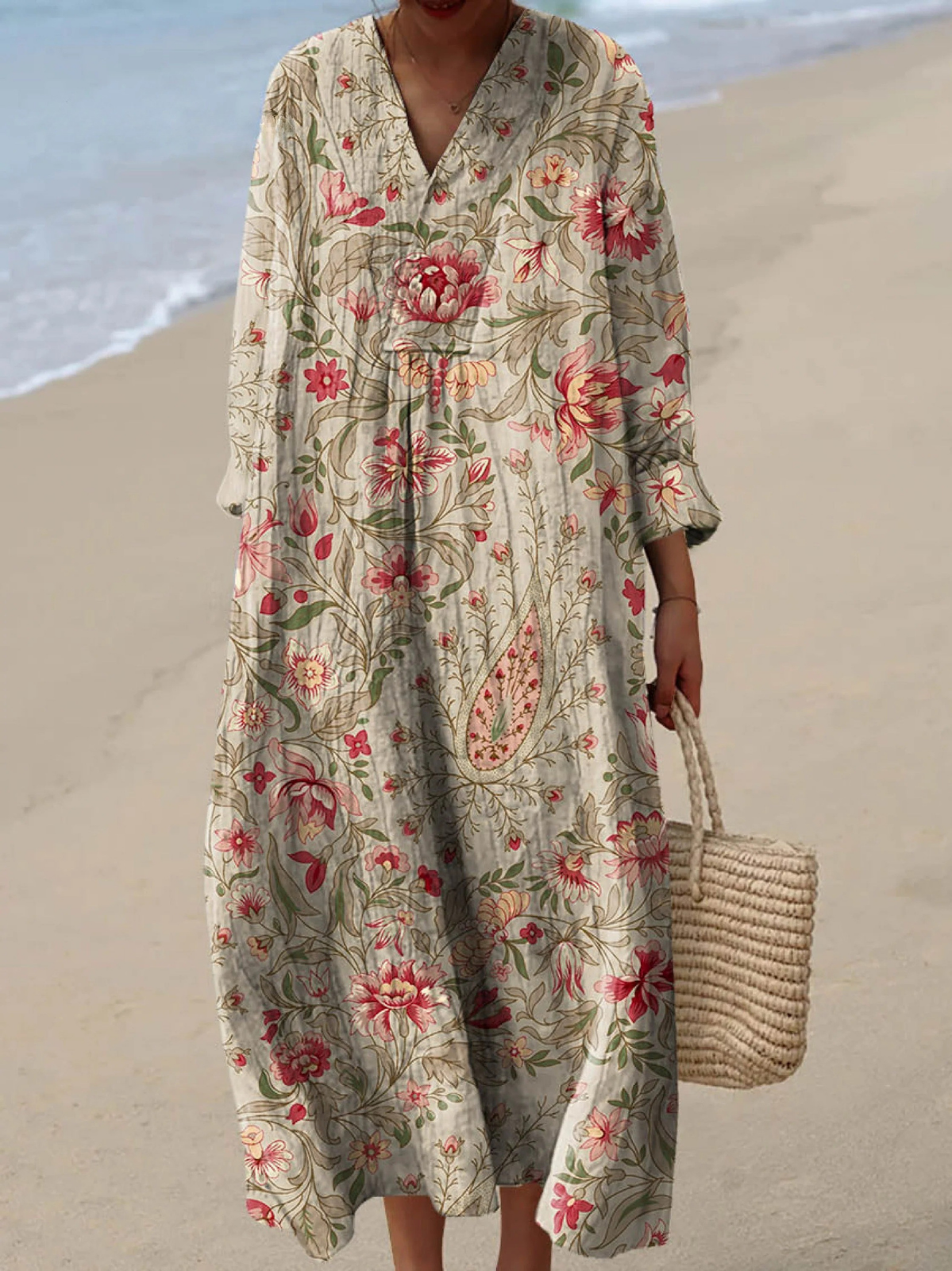 Boho maxi dress in beige with colorful floral print, V-neck and loose 3/4 sleeves