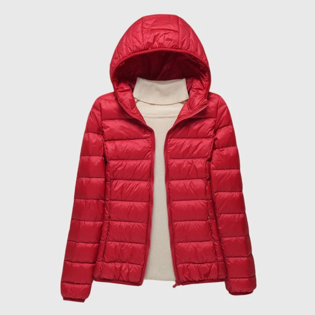 Ultra-light quilted hooded jacket with full-zip front, red shade, side pockets