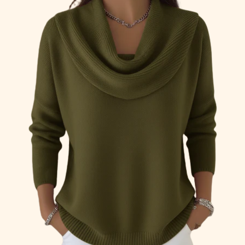 Green cowl-neck sweater with long sleeves and ribbed hem and cuffs.