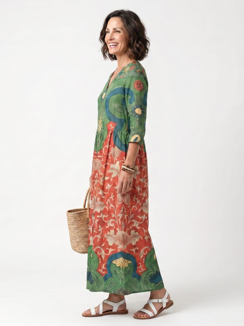 Multicolor mixed-print V-neck midi dress, elbow sleeves and A-line skirt