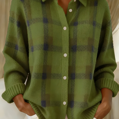 Green plaid knit cardigan with button front, collared V-neck, long sleeves