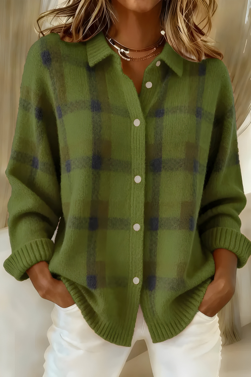 Green plaid knit cardigan with button front, collared V-neck, long sleeves