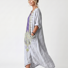 Women's midi dress in light gray with purple front panel and embroidered trim pockets