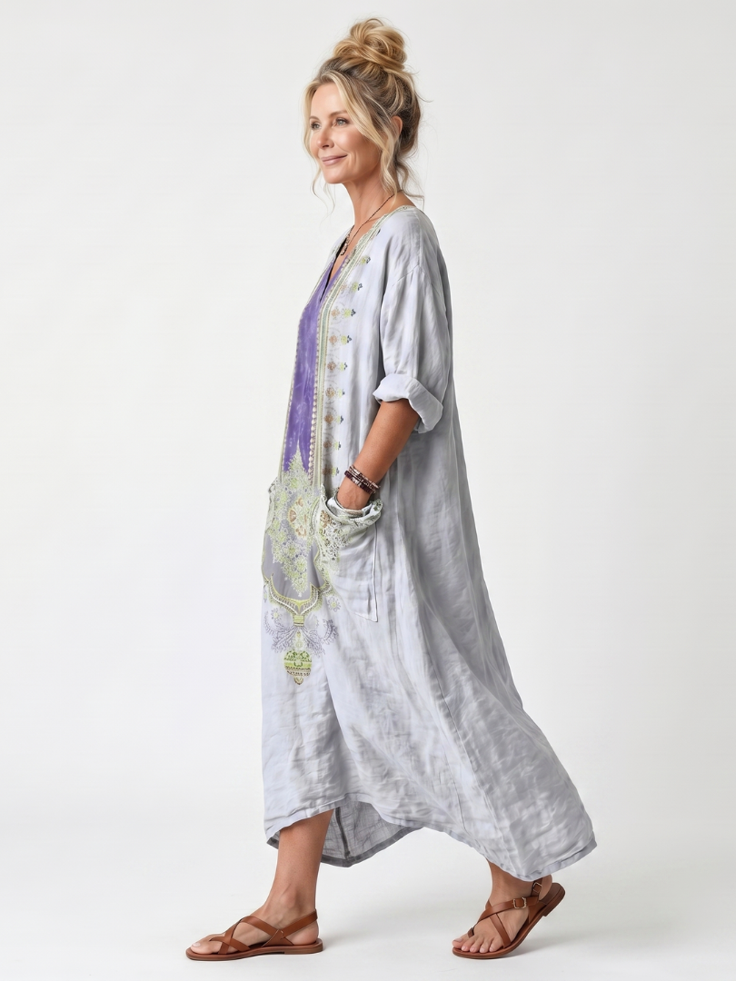 Women's midi dress in light gray with purple front panel and embroidered trim pockets