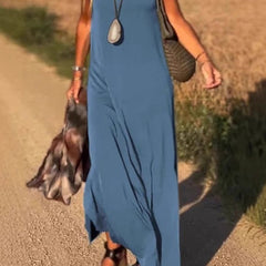 Abito maxi boho senza maniche azzurro con scollo a V e vestibilità ampia