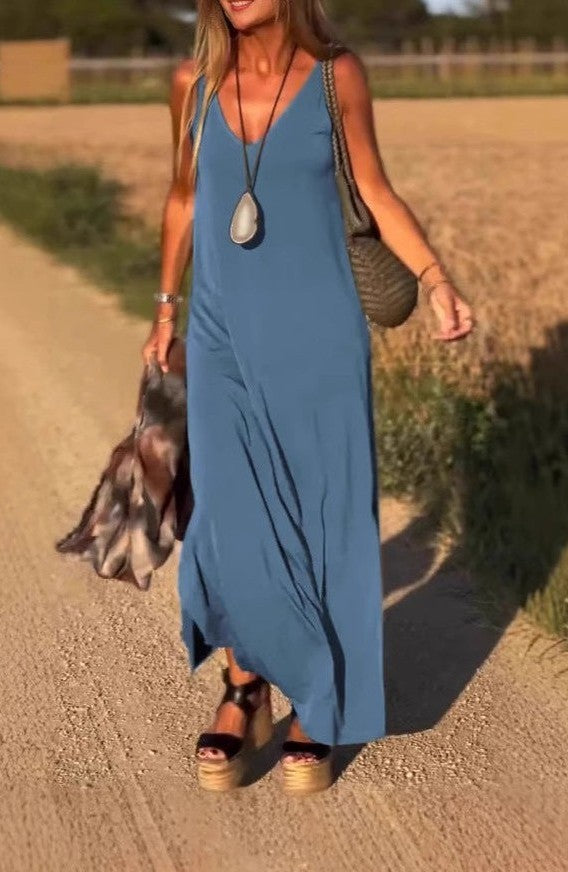 Abito maxi boho senza maniche azzurro con scollo a V e vestibilità ampia