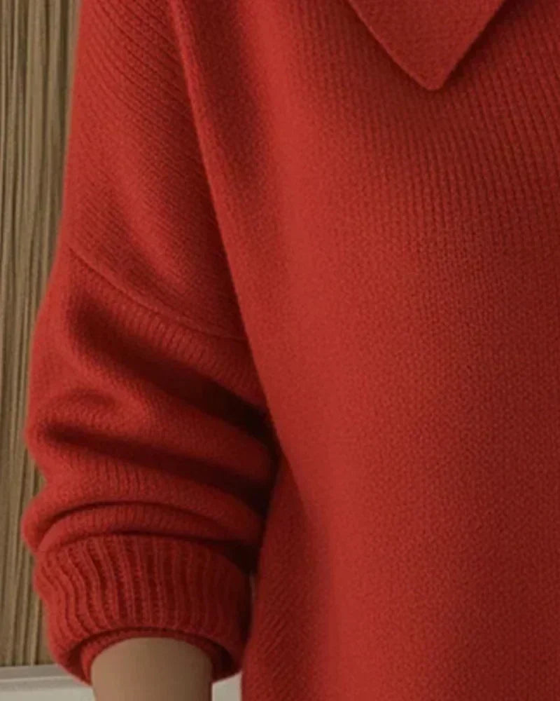 Women’s red button-collar cardigan with long sleeves and ribbed cuff detail