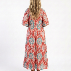 Paisley print V-neck midi dress, red with teal motifs, back view