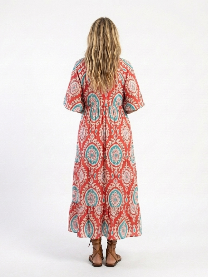 Paisley print V-neck midi dress, red with teal motifs, back view