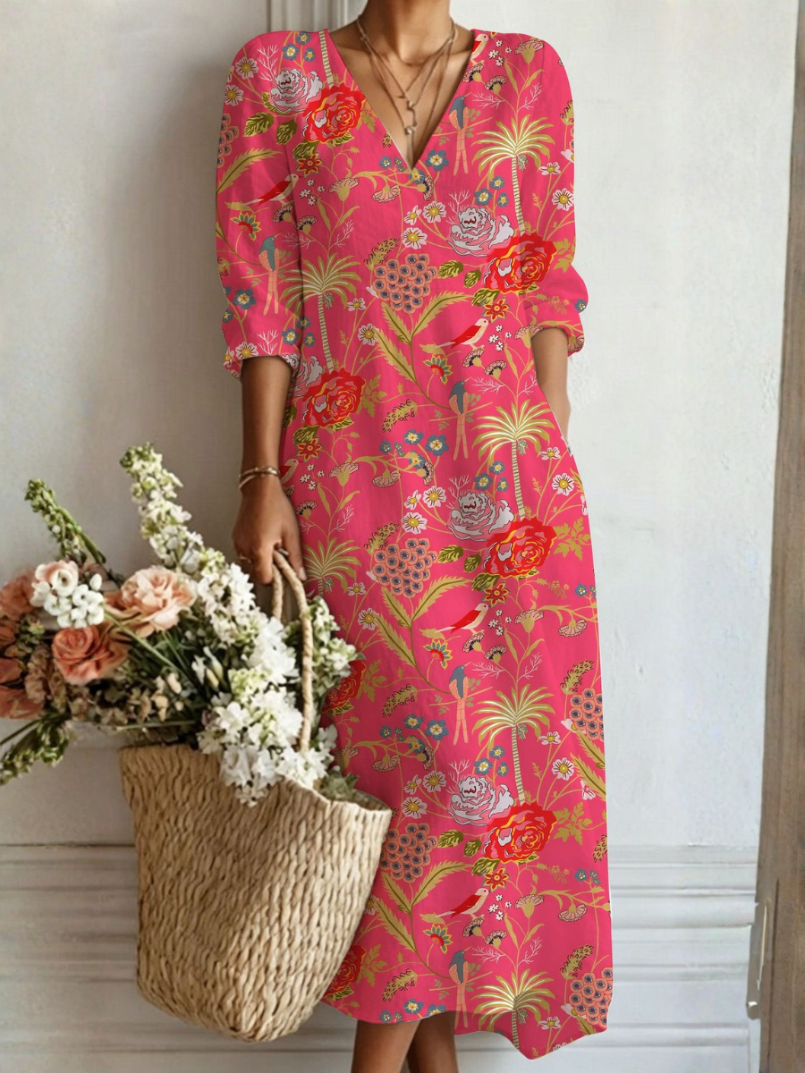 Abito da giorno rosa fucsia multicolore con scollo a V e maniche a tre quarti