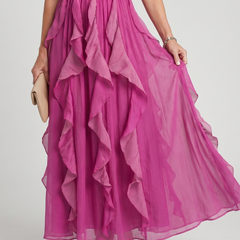 Pink gathered ruffle layers maxi dress, cinched waist and flowing skirt