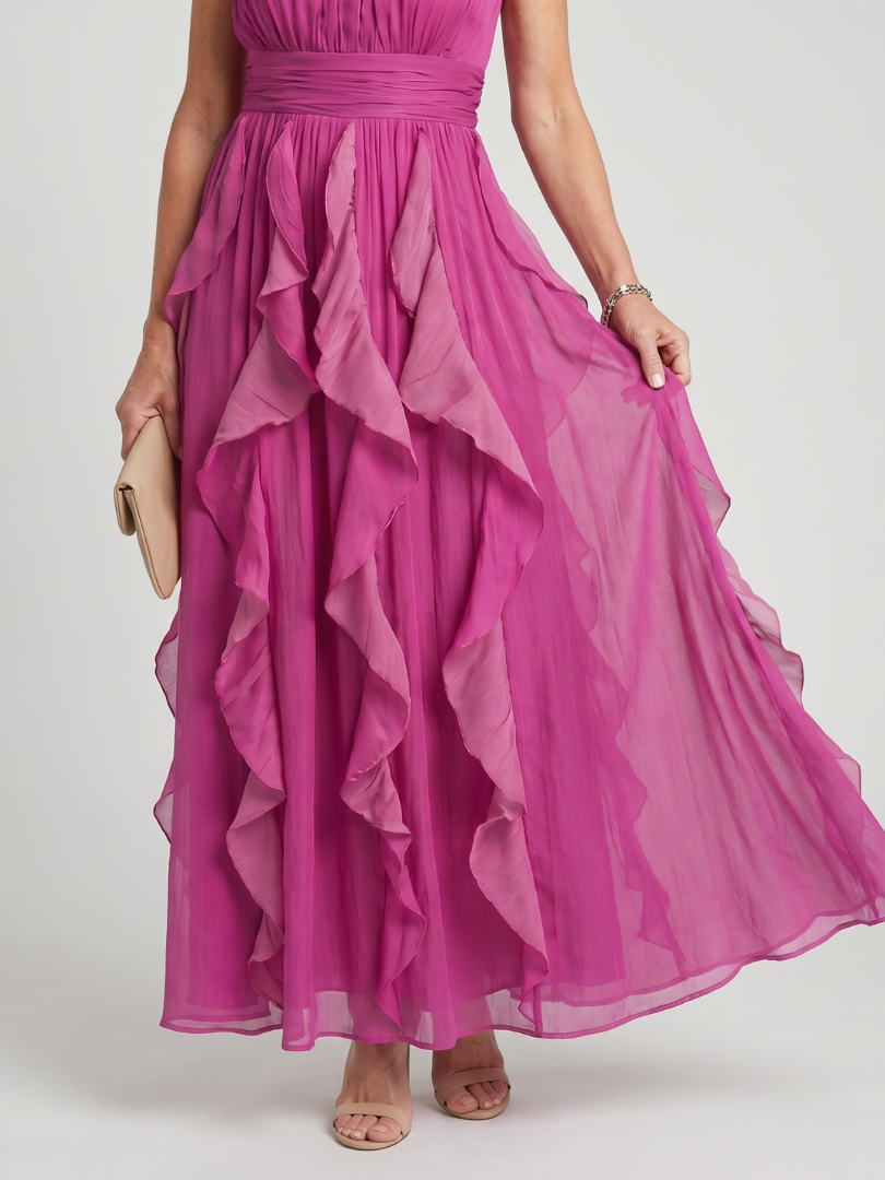 Pink gathered ruffle layers maxi dress, cinched waist and flowing skirt